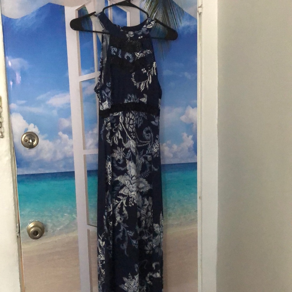 Emerald sundae, medium navy blue and white floral maxi dress.